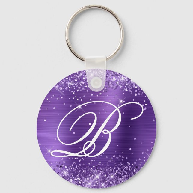 Glittery Amethyst Foil Fancy Monogram Key Ring (Front)