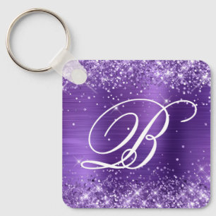 Glittery Amethyst Foil Fancy Monogram Key Ring