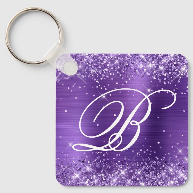 Glittery Amethyst Foil Fancy Monogram Key Ring (Front)