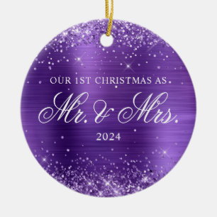 Glittery Amethyst Foil Our 1st Christmas Photo Ceramic Tree Decoration