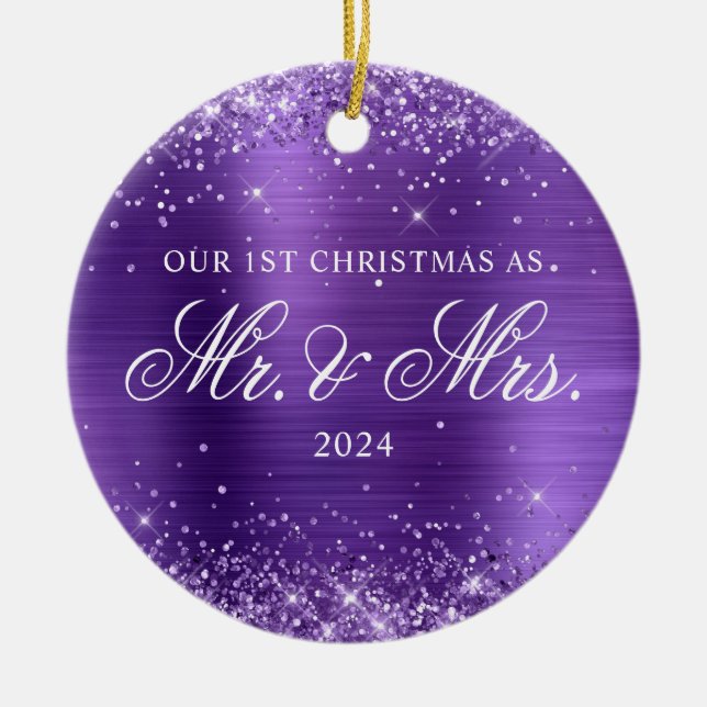 Glittery Amethyst Foil Our 1st Christmas Photo Ceramic Tree Decoration (Front)