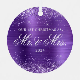 Glittery Amethyst Foil Our 1st Christmas Photo Metal Tree Decoration