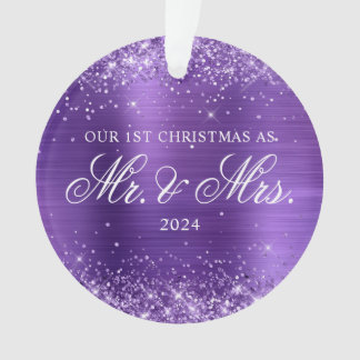 Glittery Amethyst Foil Our 1st Christmas Photo Ornament