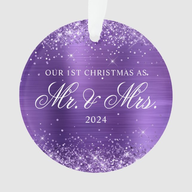 Glittery Amethyst Foil Our 1st Christmas Photo Ornament (Front)