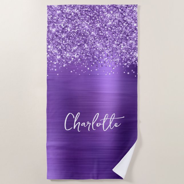 Glittery Amethyst Purple Glam Name Beach Towel (Front)