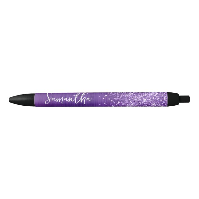 Glittery Amethyst Purple Glam Name Black Ink Pen (Front)