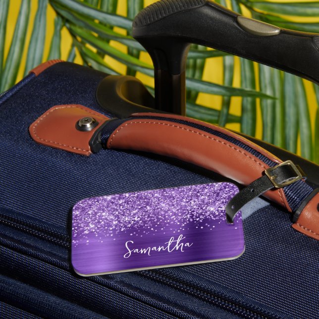 Glittery Amethyst Purple Glam Name Luggage Tag (Front Insitu 3)