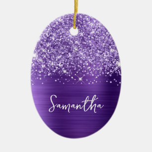 Glittery Amethyst Purple Glam Name Oval Photo Ceramic Tree Decoration