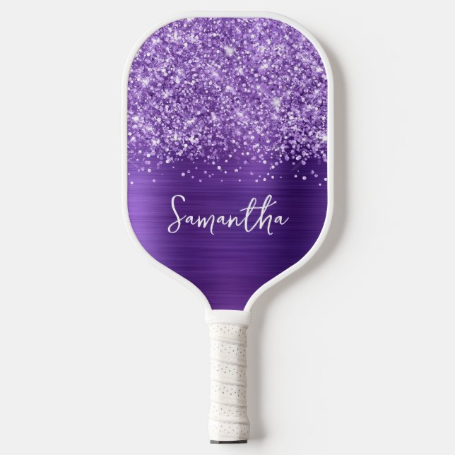 Glittery Amethyst Purple Glam Name Pickleball Paddle (Front)
