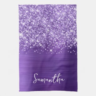 Glittery Amethyst Purple Glam Name Tea Towel