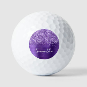 Glittery Amethyst Purple Glam Script Name Golf Balls