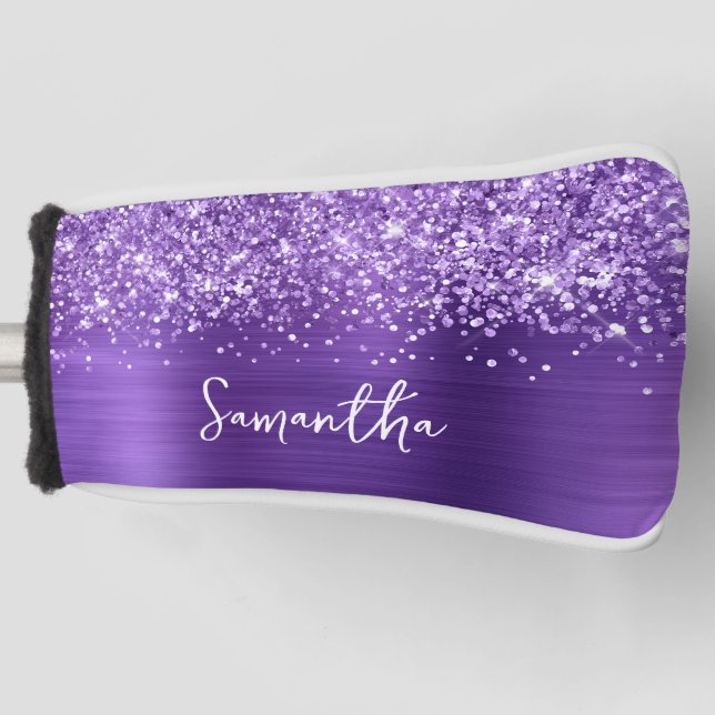 Glittery Amethyst Purple Glam Script Name Golf Head Cover (Front)