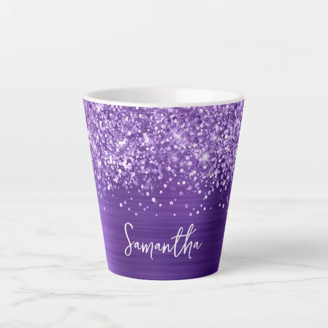 Glittery Amethyst Purple Glam Script Name Latte Mug (Front)