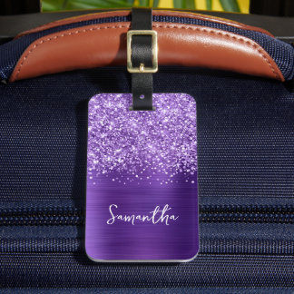 Glittery Amethyst Purple Glam Script Name Luggage Tag