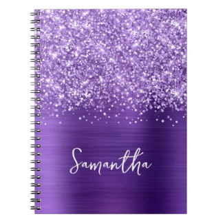 Glittery Amethyst Purple Glam Script Name Notebook