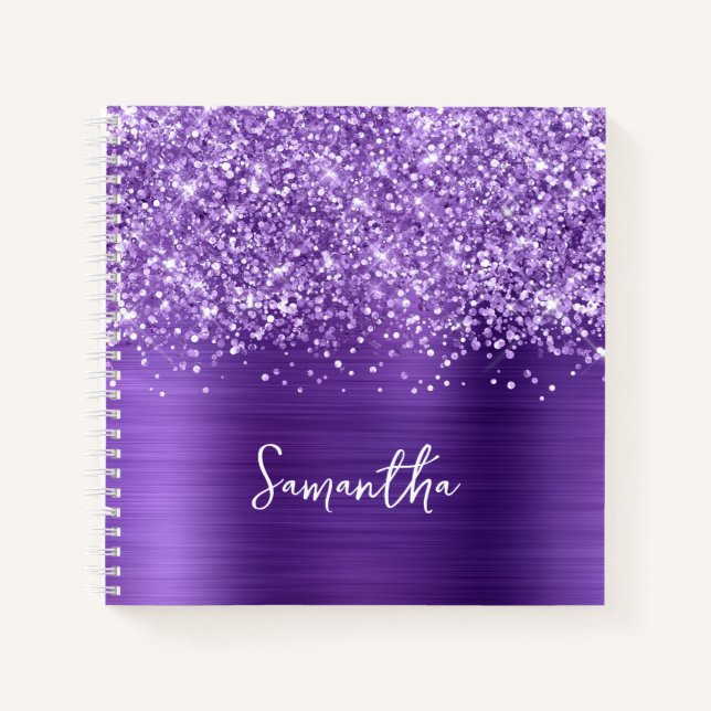 Glittery Amethyst Purple Glam Script Name Notebook (Front)
