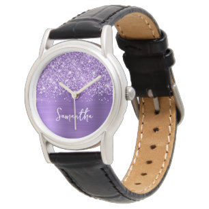 Glittery Amethyst Purple Glam White Name Watch