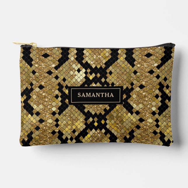 Glittery Animal Skin Print Pattern Custom Monogram Accessory Pouch (Front)