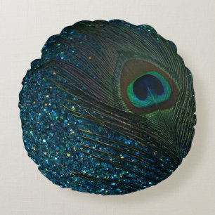 Glittery Aqua Blue Peacock Round Cushion