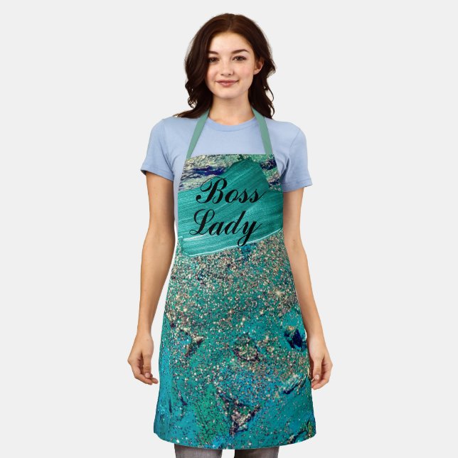Glittery Aqua Paint Strokes Boss Lady    Apron (Worn)