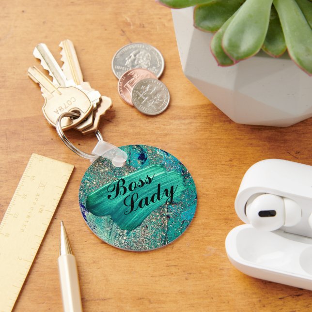 Glittery Aqua Paint Strokes Boss Lady  Key Ring (Desk)