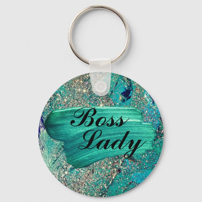 Glittery Aqua Paint Strokes Boss Lady  Key Ring (Front)