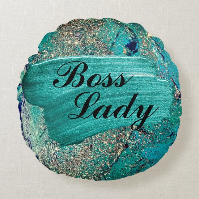 Glittery Aqua Paint Strokes Boss Lady  Round Cushion (Front)