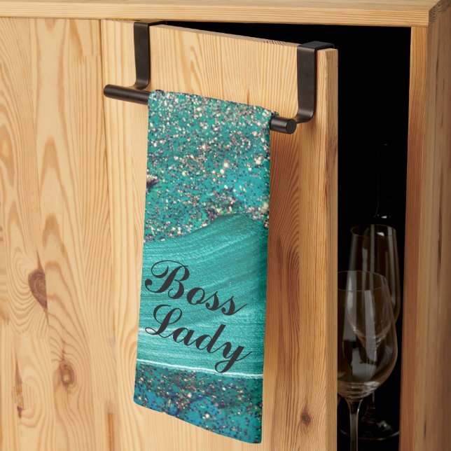 Glittery Aqua Paint Strokes Boss Lady     Tea Towel (Thirds Fold)