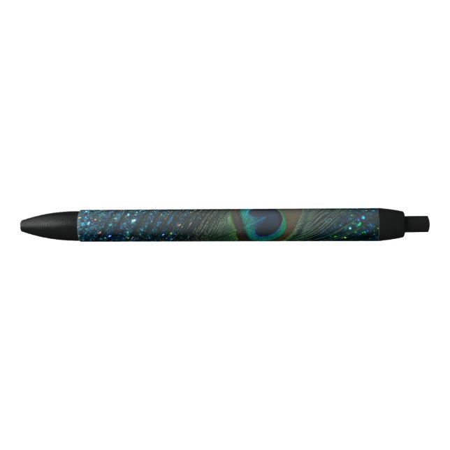 Glittery Aqua Peacock Black Ink Pen (Front)