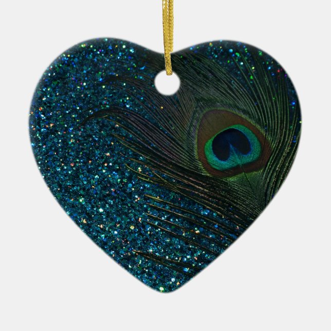 Glittery Aqua Peacock Ceramic Tree Decoration (Front)