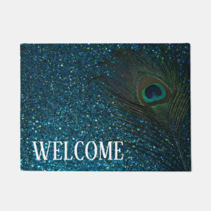 Glittery Aqua Peacock Doormat