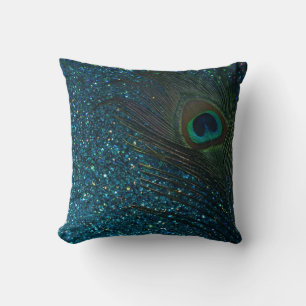 Glittery Aqua Peacock Feather Cushion