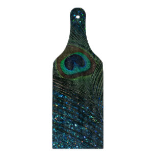 Glittery Aqua Peacock Feather Cutting Board