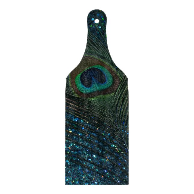 Glittery Aqua Peacock Feather Cutting Board (Front)