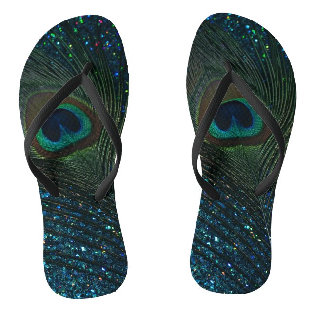 Glittery Aqua Peacock Feather Flip Flops (Footbed)