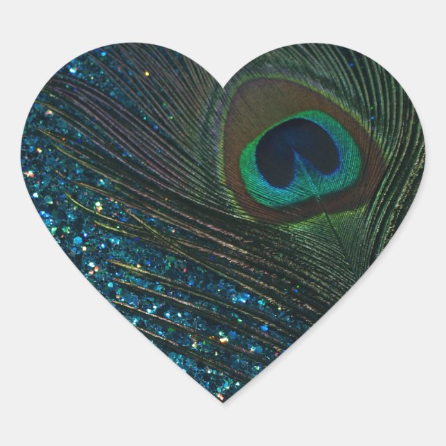 Glittery Aqua Peacock Heart Sticker (Front)