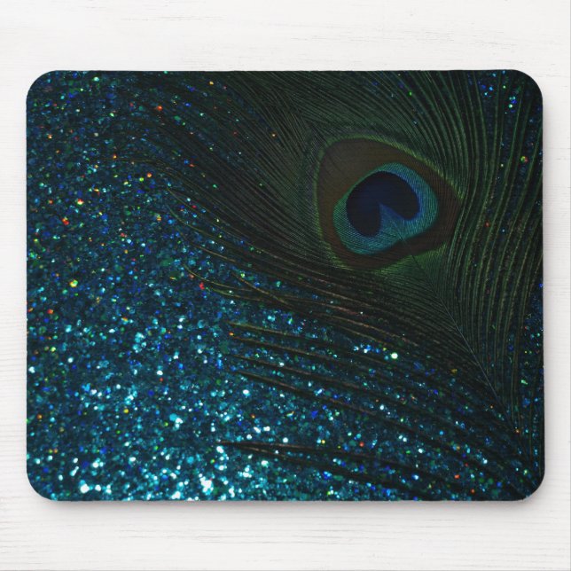 Glittery Aqua Peacock Mouse Mat (Front)