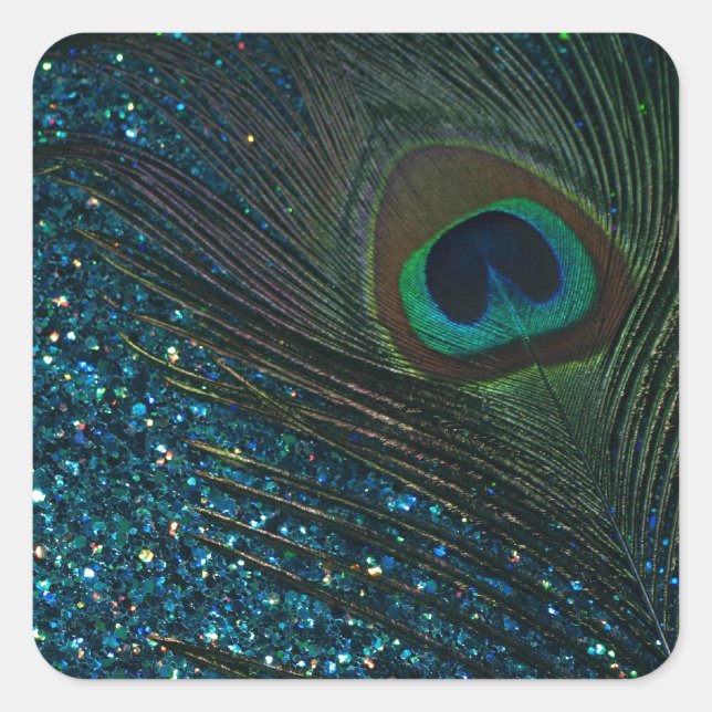 Glittery Aqua Peacock Square Sticker (Front)