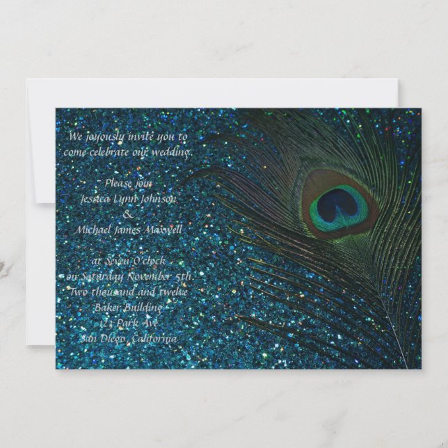 Glittery Aqua Peacock Wedding Invitation (Front)