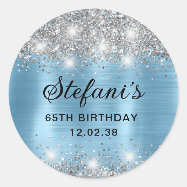 Glittery Baby Blue Foil 65th Birthday Classic Round Sticker (Front)