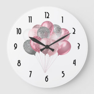 Glittery Balloon Bunch in Pink and Silver Large Clock