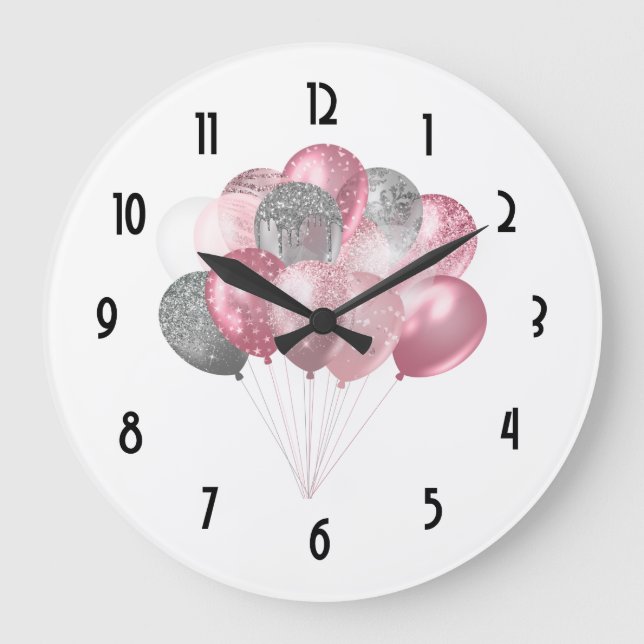 Glittery Balloon Bunch in Pink and Silver Large Clock (Front)