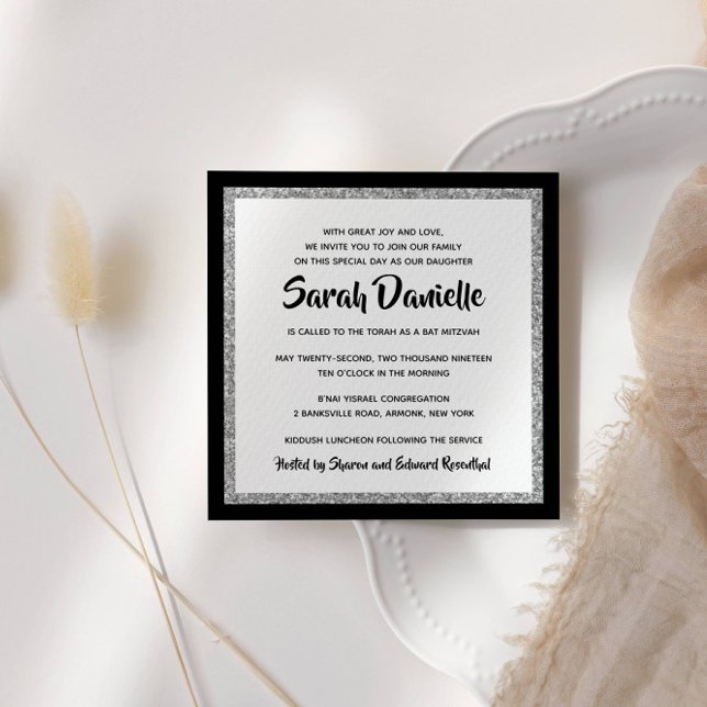 Glittery Bat Mitzvah Black Silver Square Invitation (Creator Uploaded)