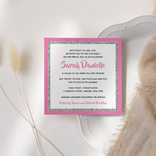 Glittery Bat Mitzvah Hot Pink and Silver Square Invitation