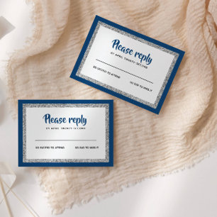 Glittery Bat Mitzvah Navy Blue and Silver RSVP Card