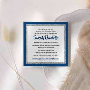 Glittery Bat Mitzvah Navy Blue Silver Square Invitation