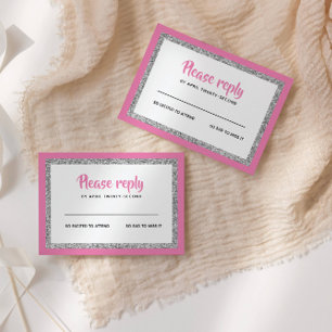 Glittery Bat Mitzvah, Pink and Silver RSVP Card