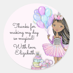 Glittery Birthday African American Girl Unicorn Classic Round Sticker