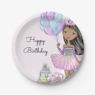 Glittery Birthday African American Girl Unicorn P Paper Plate
