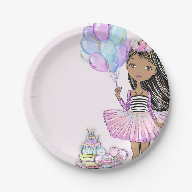 Glittery  Birthday African American Girl Unicorn Paper Plate (Front)